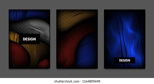 Distortion of Lines. Abstract Backgrounds with Vibrant Gradient and Wavy Stripes. Futuristic Cover Templates Set with Volume and Metallic Effect. Distorted Shapes for Business Presentation, Brochure.