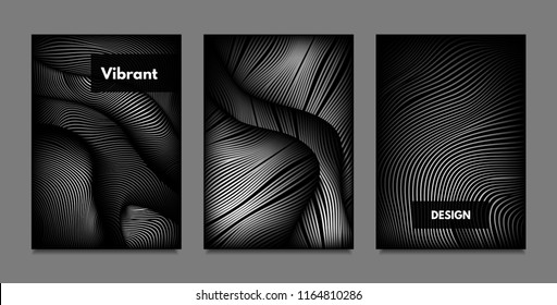 Distortion of Lines. Abstract Backgrounds with Vibrant Gradient and Wavy Stripes. Monochrome Cover Templates Set with Volume and Metallic Effect. Distorted Shapes for Business Presentation, Brochure.
