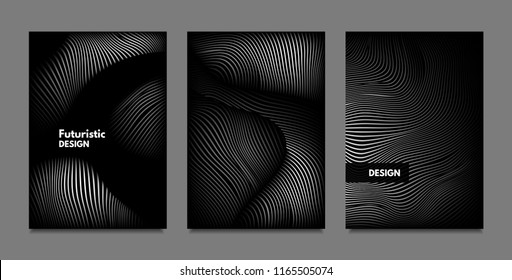 Distortion of Lines. Abstract Backgrounds with Vibrant Gradient and Wavy Stripes. Monochrome Cover Templates Set with Volume and Metallic Effect. Distorted Shapes for Business Presentation, Brochure.