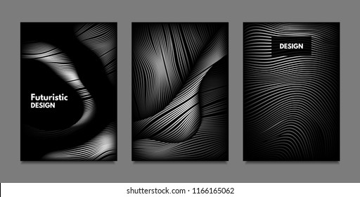 Distorsión de líneas. Fondos abstractos con rayas vibrantes de gradiente y onduladas. Plantillas de tapa monocromas con efecto de volumen y metal. Formas distorsionadas para presentación empresarial, Folleto.