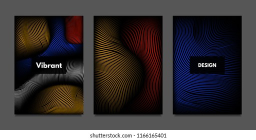 Distortion of Lines. Abstract Backgrounds with Vibrant Gradient and Wavy Stripes. Futuristic Cover Templates Set with Volume and Metallic Effect. Distorted Shapes for Business Presentation, Brochure.
