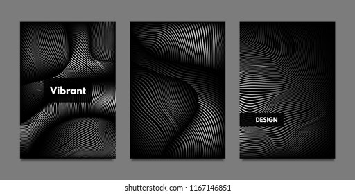 Distortion of Lines. Abstract Backgrounds with Vibrant Gradient and Wavy Stripes. Monochrome Cover Templates Set with Volume and Metallic Effect. Distorted Shapes for Business Presentation, Brochure.