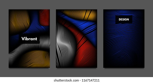 Distortion of Lines. Abstract Backgrounds with Vibrant Gradient and Wavy Stripes. Futuristic Cover Templates Set with Volume and Metallic Effect. Distorted Shapes for Business Presentation, Brochure.
