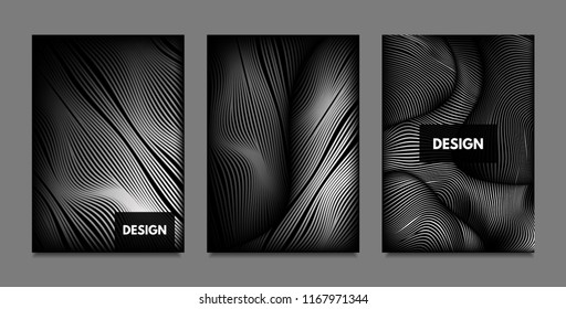 Distortion of Lines. Abstract Backgrounds with Vibrant Gradient and Wavy Stripes. Monochrome Cover Templates Set with Volume and Metallic Effect. Distorted Shapes for Business Presentation, Brochure.