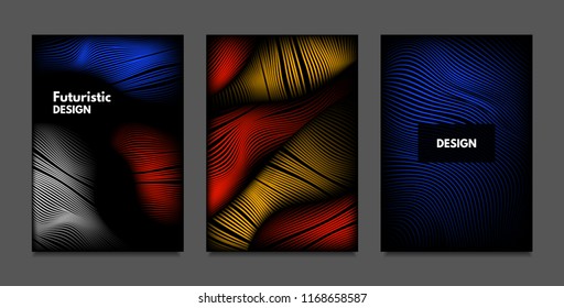 Distortion of Lines. Abstract Backgrounds with Vibrant Gradient and Wavy Stripes. Futuristic Cover Templates Set with Volume and Metallic Effect. Distorted Shapes for Business Presentation, Brochure.