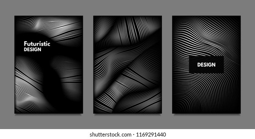 Distortion of Lines. Abstract Backgrounds with Vibrant Gradient and Wavy Stripes. Monochrome Cover Templates Set with Volume and Metallic Effect. Distorted Shapes for Business Presentation, Brochure.