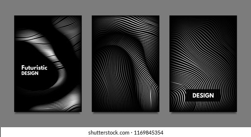 Distortion of Lines. Abstract Backgrounds with Vibrant Gradient and Wavy Stripes. Monochrome Cover Templates Set with Volume and Metallic Effect. Distorted Shapes for Business Presentation, Brochure.