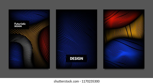 Distortion of Lines. Abstract Backgrounds with Vibrant Gradient and Wavy Stripes. Futuristic Cover Templates Set with Volume and Metallic Effect. Distorted Shapes for Business Presentation, Brochure.