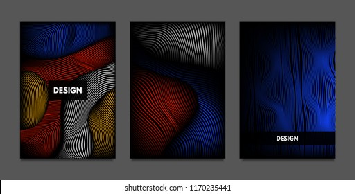 Distortion of Lines. Abstract Backgrounds with Vibrant Gradient and Wavy Stripes. Futuristic Cover Templates Set with Volume and Metallic Effect. Distorted Shapes for Business Presentation, Brochure.