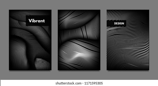 Distortion of Lines. Abstract Backgrounds with Vibrant Gradient and Wavy Stripes. Monochrome Cover Templates Set with Volume and Metallic Effect. Distorted Shapes for Business Presentation, Brochure.