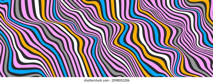 Distortion lines background. Distort stripes, abstract modern pattern. Op art illusion waves. Vector 3d curves. Dynamic surface