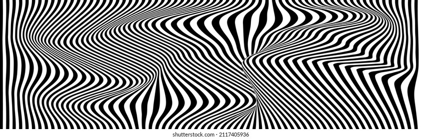 Distortion lines background. Distort stripes, abstract modern pattern. Op art illusion waves. Vector 3d curves. Dynamic surface