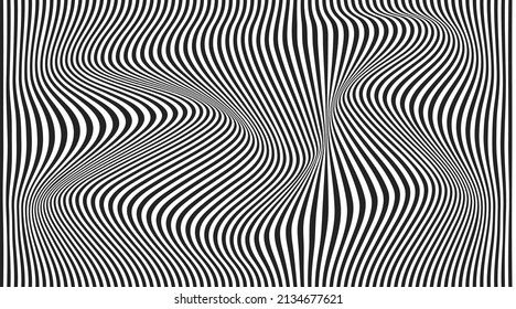 Verzerrungslinien, Hintergrund. Verzerrte Streifen, abstraktes modernes Muster. Op Art Illusion Wellen. Vektor 3D-Kurven. Dynamische Oberfläche