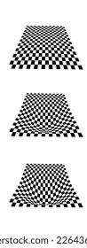 Distortion process of checkered planes in perspective. Warped tile floor. Set of curvatured checkerboard textures. Convex boards with squared pattern. Gravity phenomenon. Vector illustration