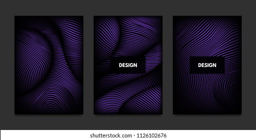 Distortion of Stripes. Abstract Backgrounds with Vibrant Gradient and Wave Lines. Ultraviolet Cover Templates Set with Volume and Metallic Effect. Distorted Shapes for Business Presentation, Brochure.
