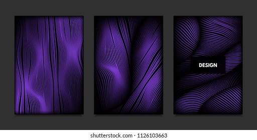 Distortion of Stripes. Abstract Backgrounds with Vibrant Gradient and Wave Lines. Ultraviolet Cover Templates Set with Volume and Metallic Effect. Distorted Shapes for Business Presentation, Brochure.