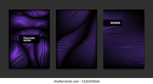 Distortion of Stripes. Abstract Backgrounds with Vibrant Gradient and Wave Lines. Ultraviolet Cover Templates Set with Volume and Metallic Effect. Distorted Shapes for Business Presentation, Brochure.
