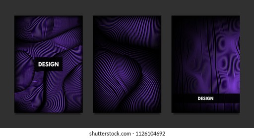 Distortion of Stripes. Abstract Backgrounds with Vibrant Gradient and Wave Lines. Ultraviolet Cover Templates Set with Volume and Metallic Effect. Distorted Shapes for Business Presentation, Brochure.