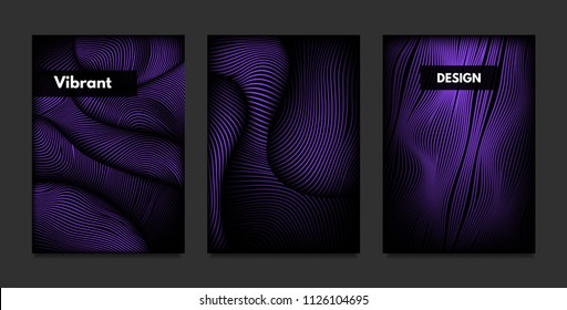 Distortion of Stripes. Abstract Backgrounds with Vibrant Gradient and Wave Lines. Ultraviolet Cover Templates Set with Volume and Metallic Effect. Distorted Shapes for Business Presentation, Brochure.