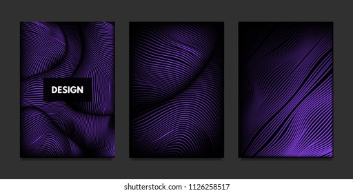 Distortion of Stripes. Abstract Backgrounds with Vibrant Gradient and Wave Lines. Ultraviolet Cover Templates Set with Volume and Metallic Effect. Distorted Shapes for Business Presentation, Brochure.
