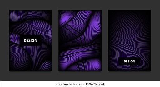 Distortion of Stripes. Abstract Backgrounds with Vibrant Gradient and Wave Lines. Ultraviolet Cover Templates Set with Volume and Metallic Effect. Distorted Shapes for Business Presentation, Brochure.
