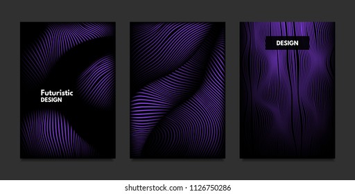 Distortion of Stripes. Abstract Backgrounds with Vibrant Gradient and Wave Lines. Ultraviolet Cover Templates Set with Volume and Metallic Effect. Distorted Shapes for Business Presentation, Brochure.