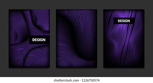 Distortion of Stripes. Abstract Backgrounds with Vibrant Gradient and Wave Lines. Ultraviolet Cover Templates Set with Volume and Metallic Effect. Distorted Shapes for Business Presentation, Brochure.