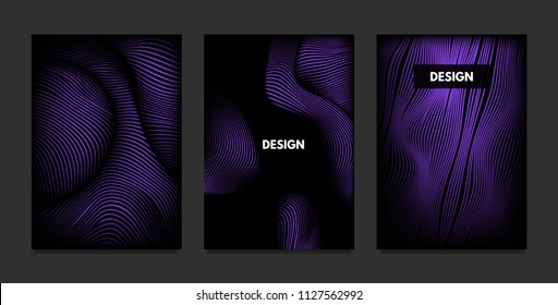Distortion of Stripes. Abstract Backgrounds with Vibrant Gradient and Wave Lines. Ultraviolet Cover Templates Set with Volume and Metallic Effect. Distorted Shapes for Business Presentation, Brochure.
