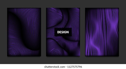 Distortion of Stripes. Abstract Backgrounds with Vibrant Gradient and Wave Lines. Ultraviolet Cover Templates Set with Volume and Metallic Effect. Distorted Shapes for Business Presentation, Brochure.