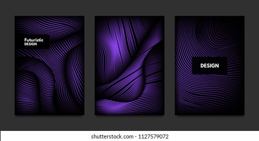 Distortion of Stripes. Abstract Backgrounds with Vibrant Gradient and Wave Lines. Ultraviolet Cover Templates Set with Volume and Metallic Effect. Distorted Shapes for Business Presentation, Brochure.