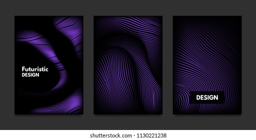 Distortion of Stripes. Abstract Backgrounds with Vibrant Gradient and Wave Lines. Ultraviolet Cover Templates Set with Volume and Metallic Effect. Distorted Shapes for Business Presentation, Brochure.