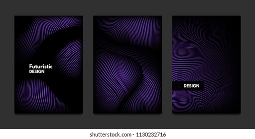 Distortion of Stripes. Abstract Backgrounds with Vibrant Gradient and Wave Lines. Ultraviolet Cover Templates Set with Volume and Metallic Effect. Distorted Shapes for Business Presentation, Brochure.