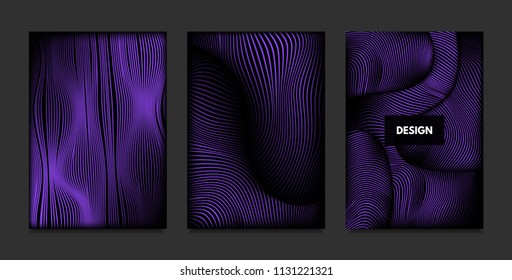 Distortion of Stripes. Abstract Backgrounds with Vibrant Gradient and Wave Lines. Ultraviolet Cover Templates Set with Volume and Metallic Effect. Distorted Shapes for Business Presentation, Brochure.