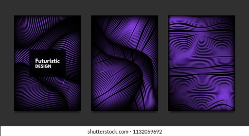 Distortion of Stripes. Abstract Backgrounds with Vibrant Gradient and Wave Lines. Ultraviolet Cover Templates Set with Volume and Metallic Effect. Distorted Shapes for Business Presentation, Brochure.