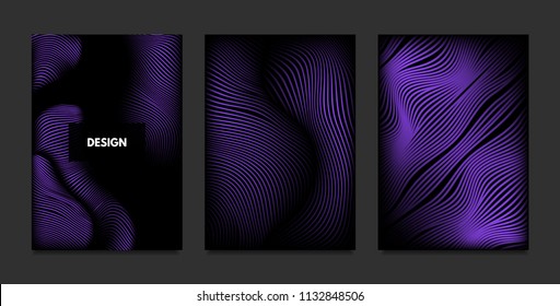 Distortion of Stripes. Abstract Backgrounds with Vibrant Gradient and Wave Lines. Ultraviolet Cover Templates Set with Volume and Metallic Effect. Distorted Shapes for Business Presentation, Brochure.