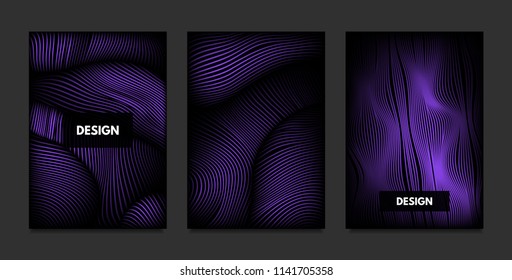 Distortion of Stripes. Abstract Backgrounds with Vibrant Gradient and Wave Lines. Ultraviolet Cover Templates Set with Volume and Metallic Effect. Distorted Shapes for Business Presentation, Brochure.