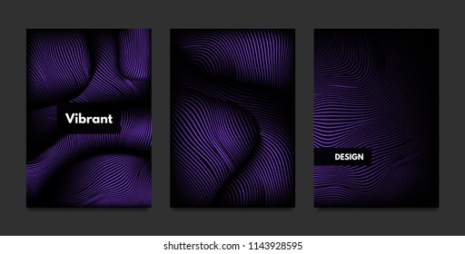 Distortion of Stripes. Abstract Backgrounds with Vibrant Gradient and Wave Lines. Ultraviolet Cover Templates Set with Volume and Metallic Effect. Distorted Shapes for Business Presentation, Brochure.