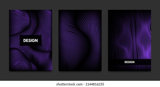 Distortion of Stripes. Abstract Backgrounds with Vibrant Gradient and Wave Lines. Ultraviolet Cover Templates Set with Volume and Metallic Effect. Distorted Shapes for Business Presentation, Brochure.
