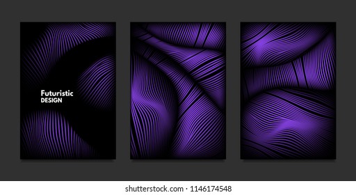 Distortion of Stripes. Abstract Backgrounds with Vibrant Gradient and Wave Lines. Ultraviolet Cover Templates Set with Volume and Metallic Effect. Distorted Shapes for Business Presentation, Brochure.