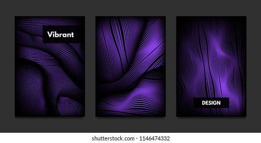 Distortion of Stripes. Abstract Backgrounds with Vibrant Gradient and Wave Lines. Ultraviolet Cover Templates Set with Volume and Metallic Effect. Distorted Shapes for Business Presentation, Brochure.