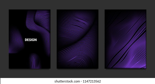 Distortion of Stripes. Abstract Backgrounds with Vibrant Gradient and Wave Lines. Ultraviolet Cover Templates Set with Volume and Metallic Effect. Distorted Shapes for Business Presentation, Brochure.