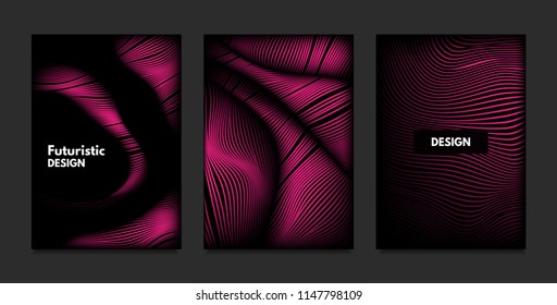Distortion of Stripes. Abstract Backgrounds with Vibrant Gradient and Wave Lines. Ultraviolet Cover Templates Set with Volume and Metallic Effect. Distorted Shapes for Business Presentation, Brochure.