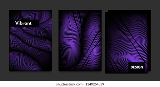 Distortion of Stripes. Abstract Backgrounds with Vibrant Gradient and Wave Lines. Ultraviolet Cover Templates Set with Volume and Metallic Effect. Distorted Shapes for Business Presentation, Brochure.