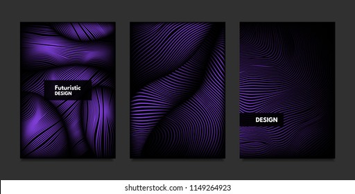 Distortion of Stripes. Abstract Backgrounds with Vibrant Gradient and Wave Lines. Ultraviolet Cover Templates Set with Volume and Metallic Effect. Distorted Shapes for Business Presentation, Brochure.