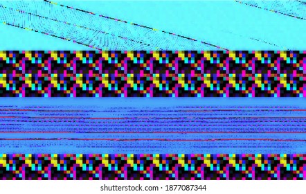 Verzerrung der Fernsehübertragung. Abstrakter Hintergrund gebrochener glitzerner Textur. Kodiertes Video beschädigt. Vektorgrafik.