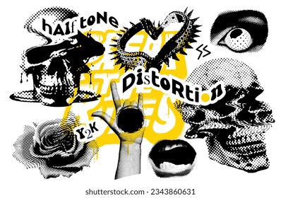 Distortion wavy fashion graphic artwork set of a distorted halftone skull, Collar with spikes, rose, eye and lips in y2k retro punk style. Vector 90s design collection