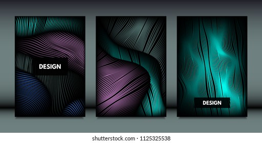 Distortion of Wavy Lines. Trendy Abstract Backgrounds with Vibrant Gradient. Movement and Volume Effect. Futuristic Cover Templates Set for Presentation, Poster, Brochure. Distortion of 3d Shapes.