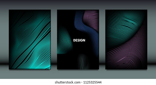 Distortion of Wavy Lines. Trendy Abstract Backgrounds with Vibrant Gradient. Movement and Volume Effect. Futuristic Cover Templates Set for Presentation, Poster, Brochure. Distortion of 3d Shapes.