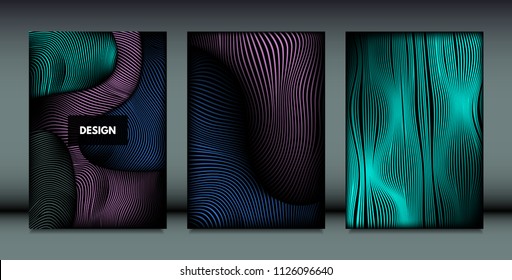 Distortion of Wavy Lines. Trendy Abstract Backgrounds with Vibrant Gradient. Movement and Volume Effect. Futuristic Cover Templates Set for Presentation, Poster, Brochure. Distortion of 3d Shapes.