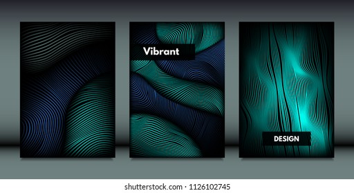 Distortion of Wavy Lines. Trendy Abstract Backgrounds with Vibrant Gradient. Movement and Volume Effect. Futuristic Cover Templates Set for Presentation, Poster, Brochure. Distortion of 3d Shapes.